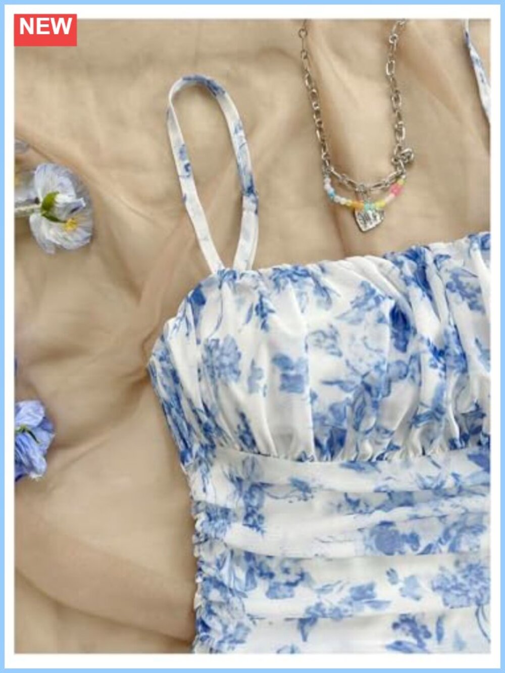 Floral Print Ruched Cami Mesh Mini Dress Ruffle Hem Sleeveless - Picture 3 of 5